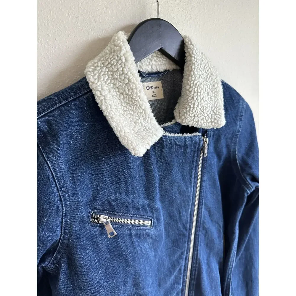 Gap Women's Denim Jacket XS Sherpa Lined Biker Belt Buckle Blue 1969